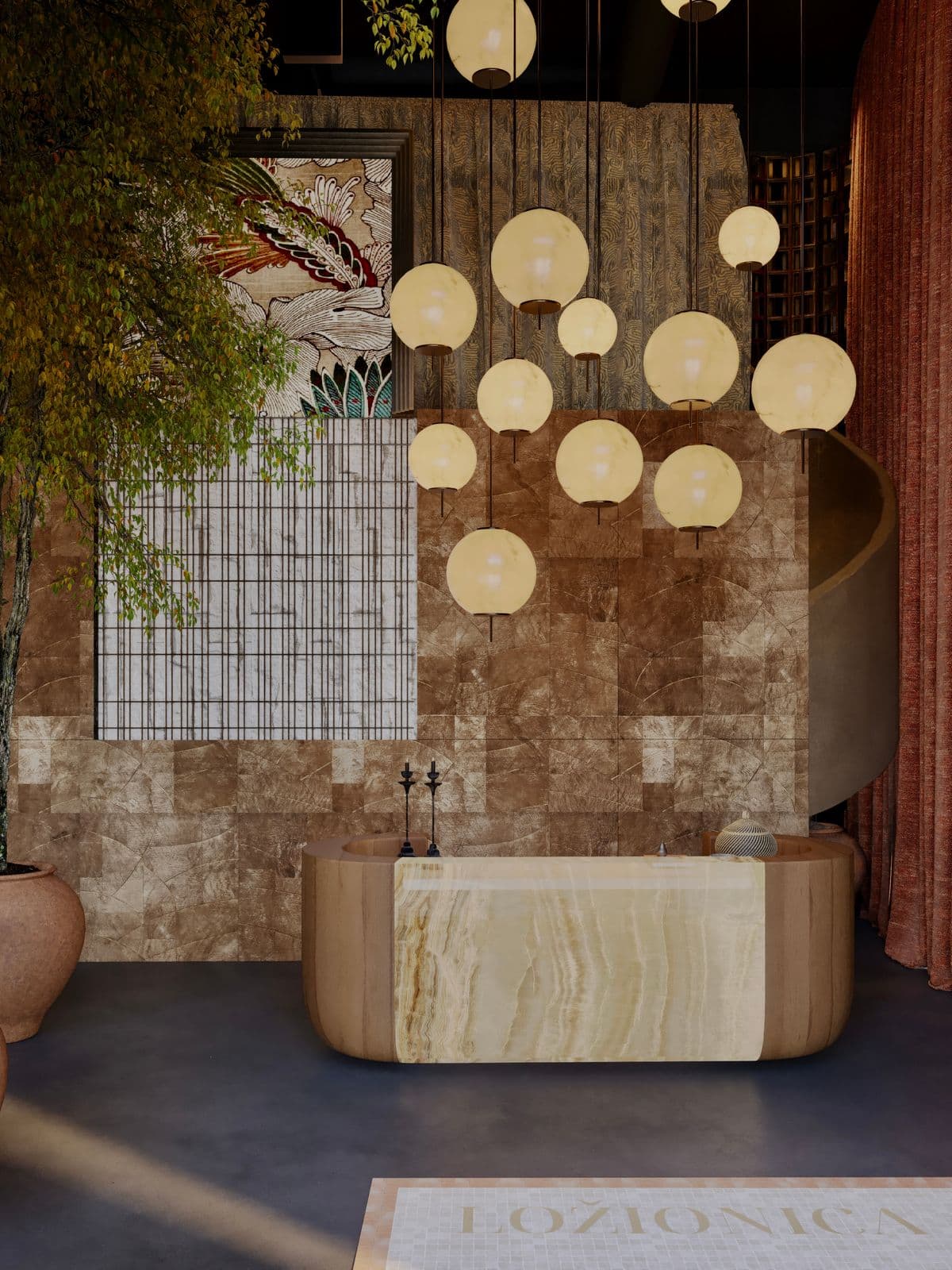 The entrance: an onyx reception desk under a cluster of glowing globe pendants, beside a tree in a terracotta pot
